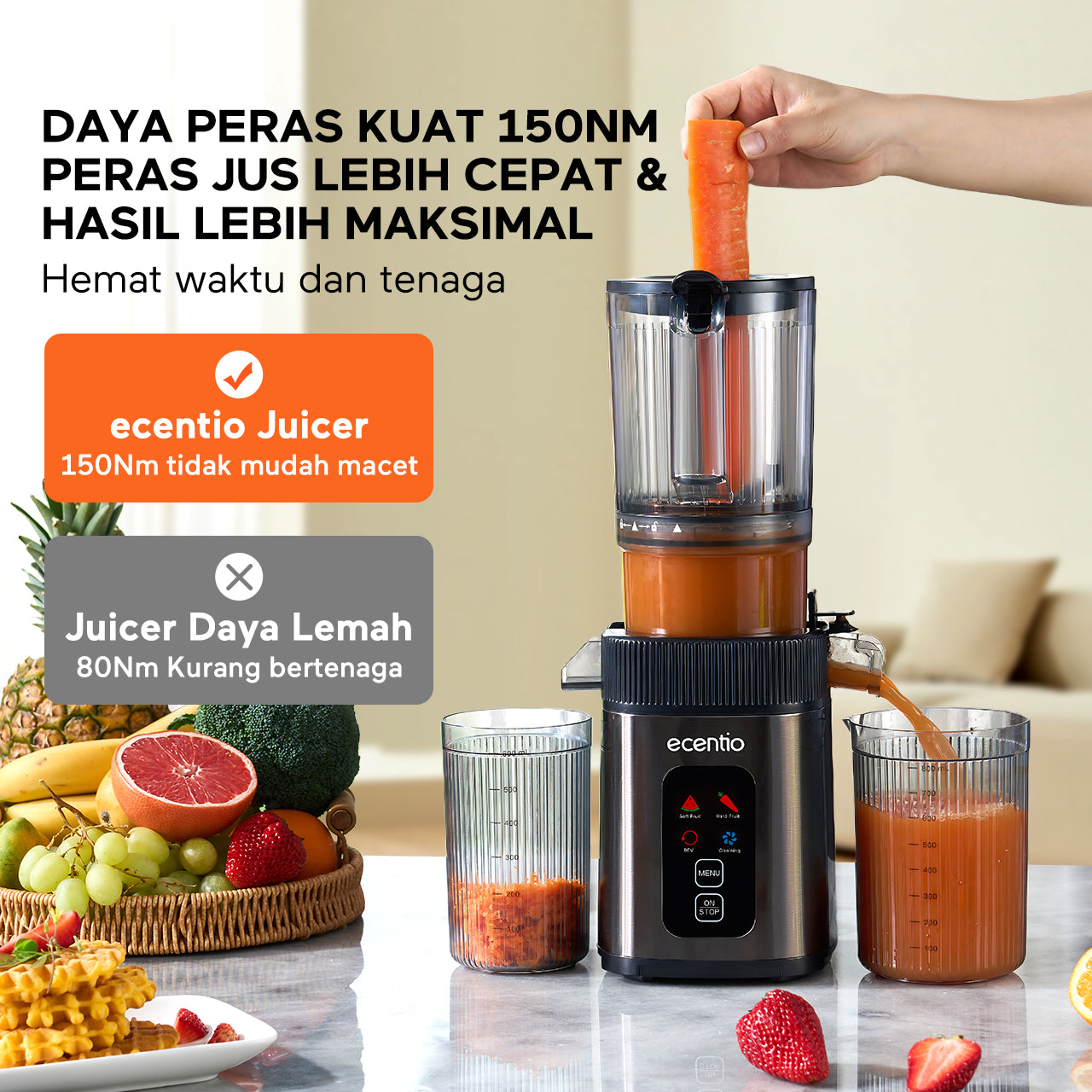 ecentio Smart Slow Juicer Cerdas Panel Sentuh Lubang 112mm 1000ml Besar 99% Ekstraksi Slow Juicer Multifungsi Garansi Resmi 1 Tahun