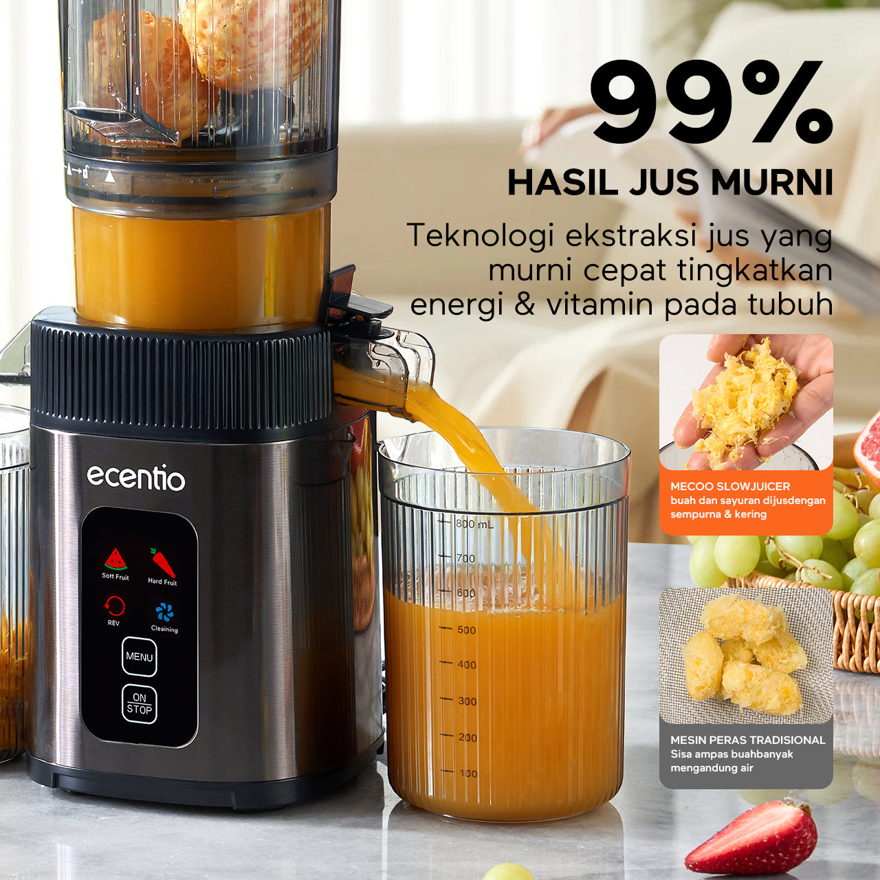 ecentio Smart Slow Juicer Cerdas Panel Sentuh Lubang 112mm 1000ml Besar 99% Ekstraksi Slow Juicer Multifungsi Garansi Resmi 1 Tahun