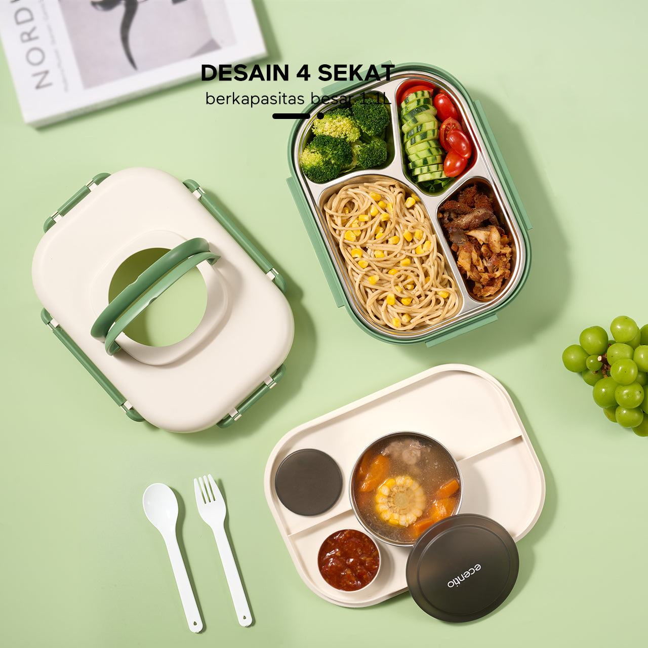 【1.0 anti tumpah】ecentio lunch box stainless 1100ml dan tempat sup 360ml sauce free sendok