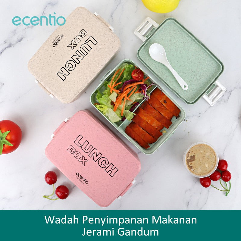 ecentio Anti Tumpah lunch box kotak makan 3 Warna PP Jerami Gandum tempat bekal makan 1000ML Free Sendok BPA Free