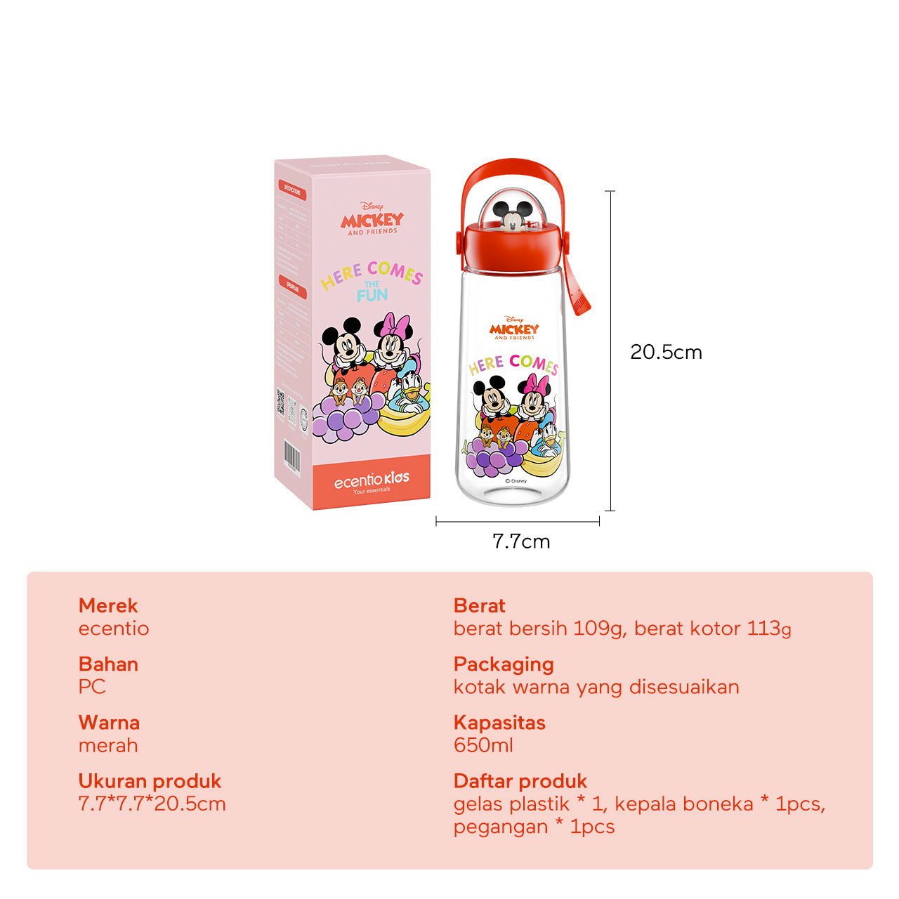 【Original】ecentio 650ml botol air minum Disney Micky Sport botol Anakanak