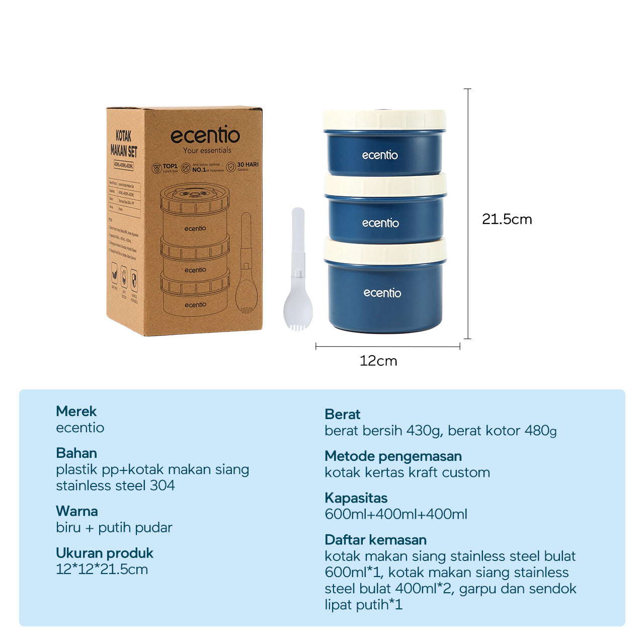 ecentio lunch box tas set 3pcs Biru Makan anti tumpah 304 Stainless Steel tas bekal dan free sumpit