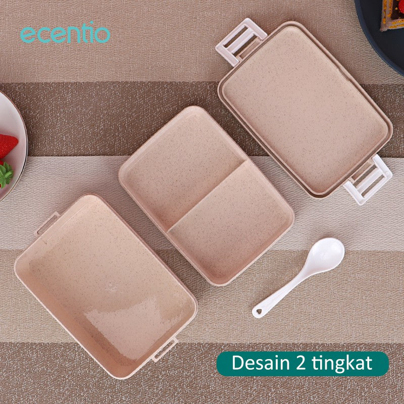 ecentio Anti Tumpah lunch box kotak makan 3 Warna PP Jerami Gandum tempat bekal makan 1000ML Free Sendok BPA Free