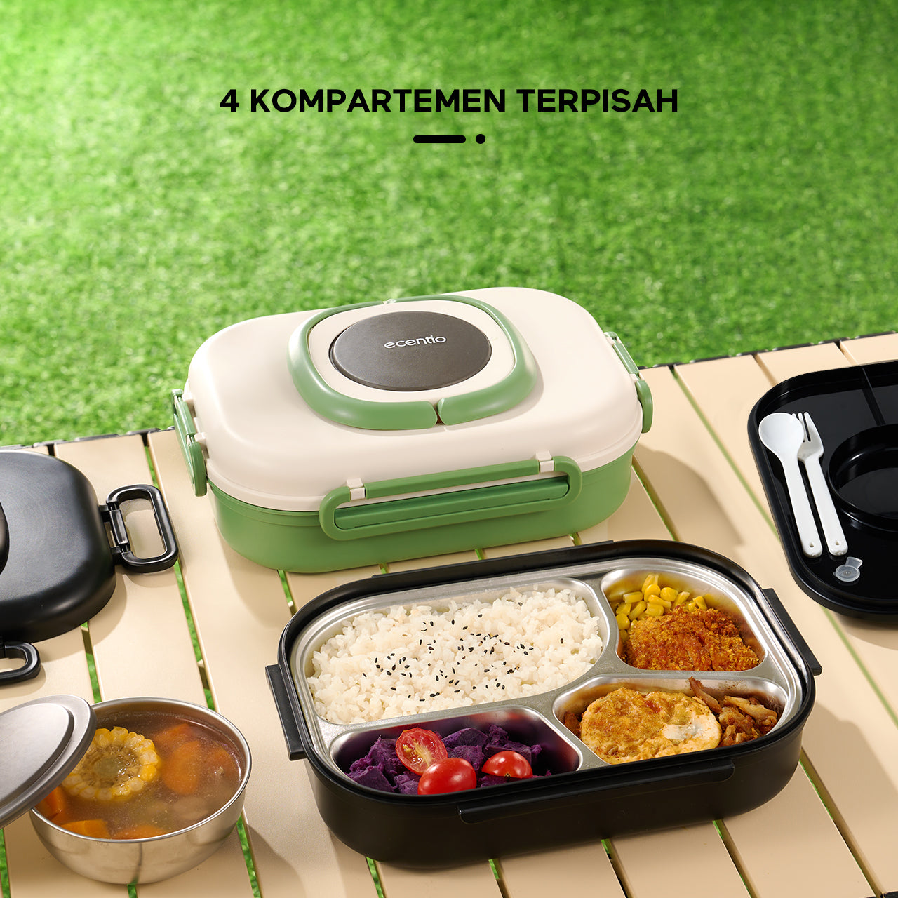 【1.0 anti tumpah】ecentio lunch box stainless 1100ml dan tempat sup 360ml sauce free sendok