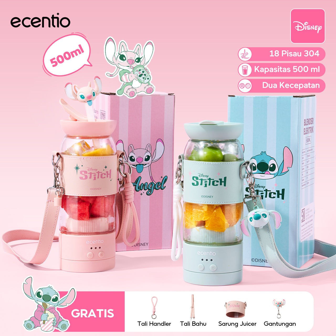 【Disney juicer Series】ecentio juicer blender 18 Pisau 304 juicer Kaca 500ml Dua Kecepatan mini dengan Tali Sling portable dengan sedotan