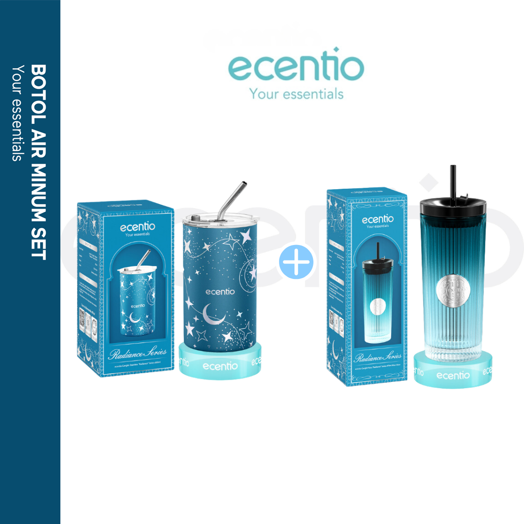 Ramadan Tumblr Gelas Kaca Perak Seri Radiant+Piala Stainless Steel ecentio Brilliant Series 600ml