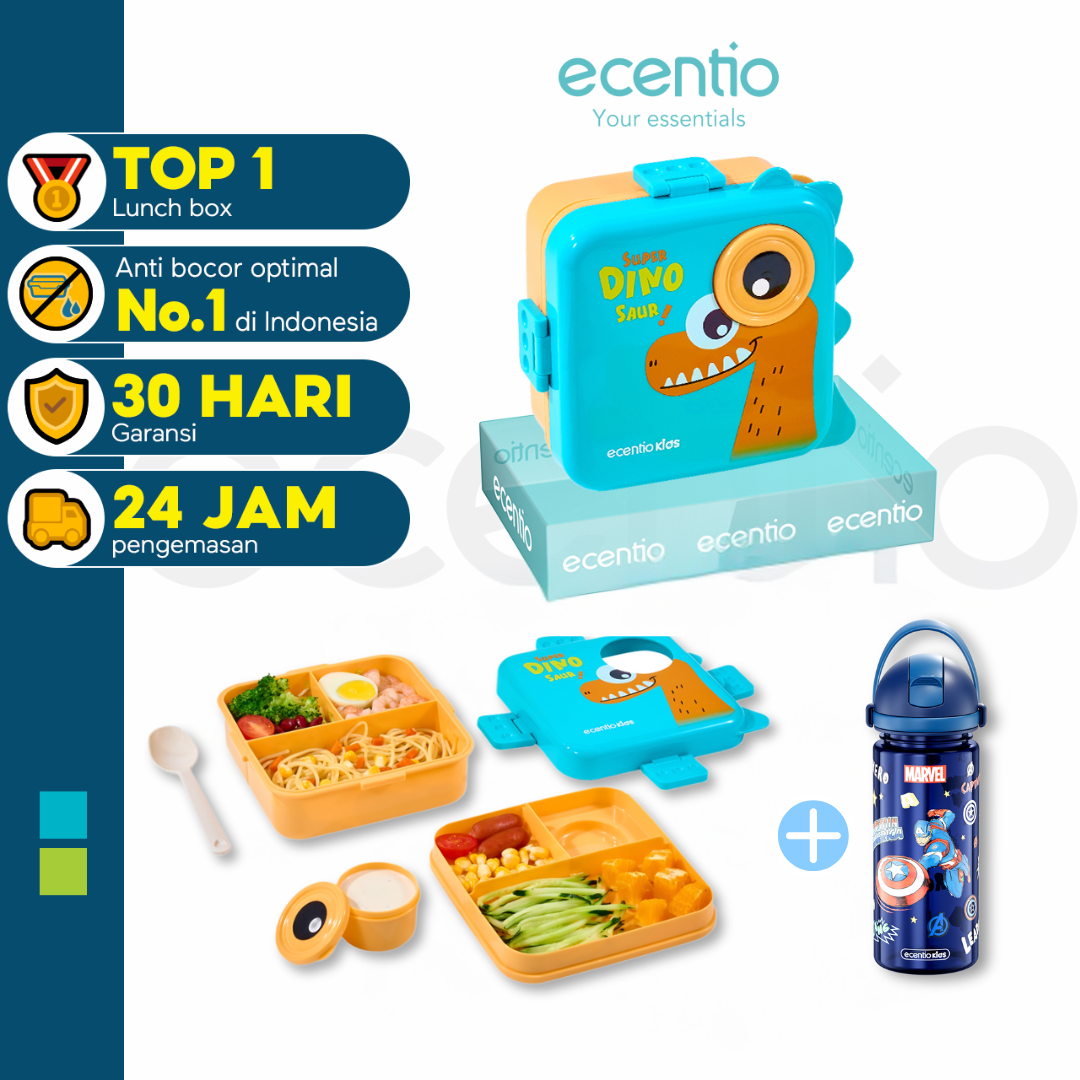 ecantiokids Anti Tumpah kotak makan set siang anak kartun dinosaurus 3 sekat +Botol Air Minum Disney