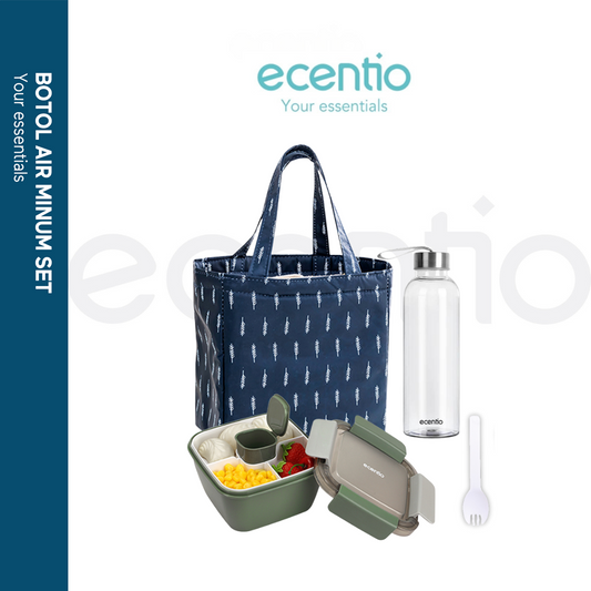 ecentio 1.1L kotak makan free sendok tas bekal 3pcs set
