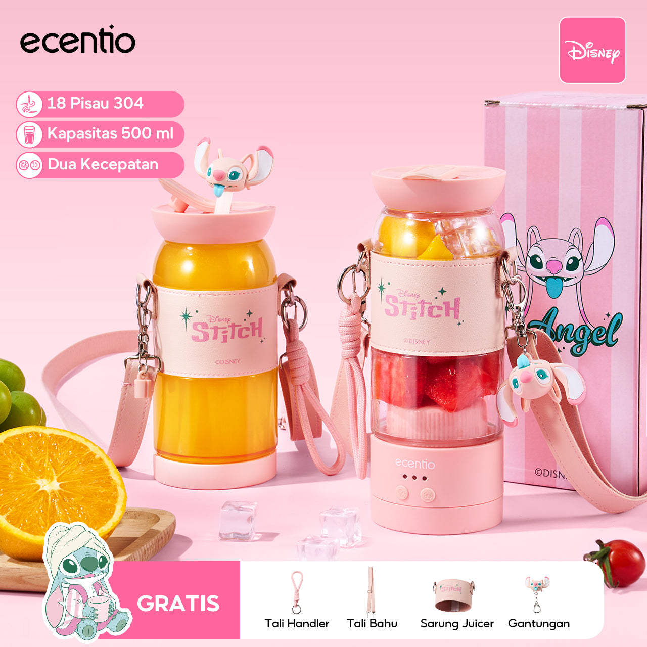 【Disney juicer Series】ecentio juicer blender 18 Pisau 304 juicer Kaca 500ml Dua Kecepatan mini dengan Tali Sling portable dengan sedotan