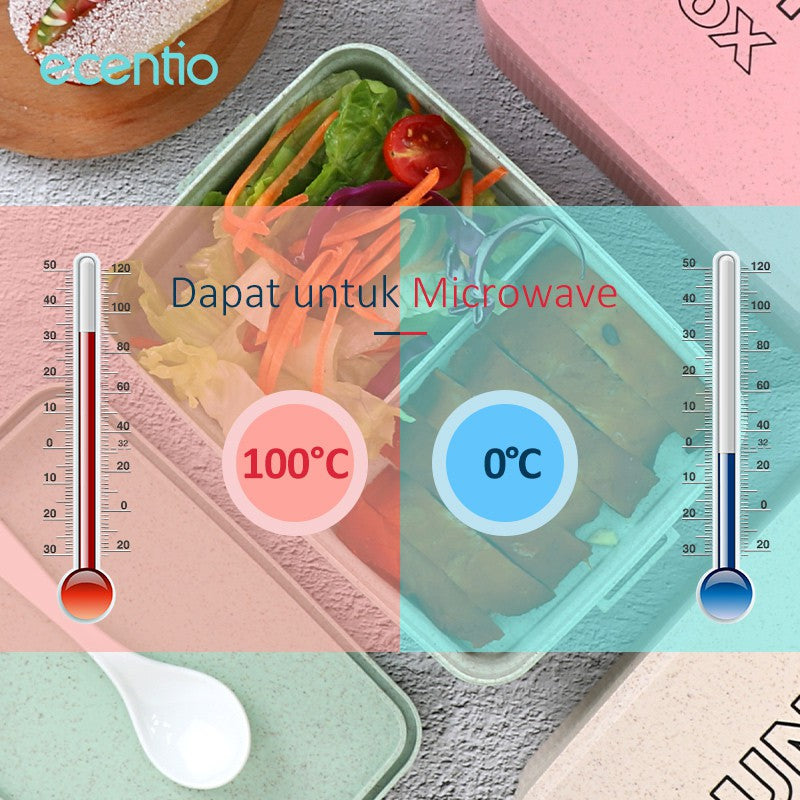 ecentio Anti Tumpah lunch box kotak makan 3 Warna PP Jerami Gandum tempat bekal makan 1000ML Free Sendok BPA Free