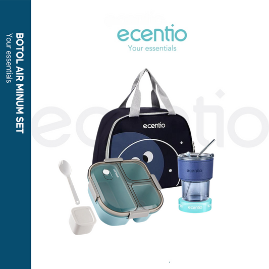 ecentio 1100ml Kotak Bekal Makan BPA Free+Botol Minum Gelas+lunch bag
