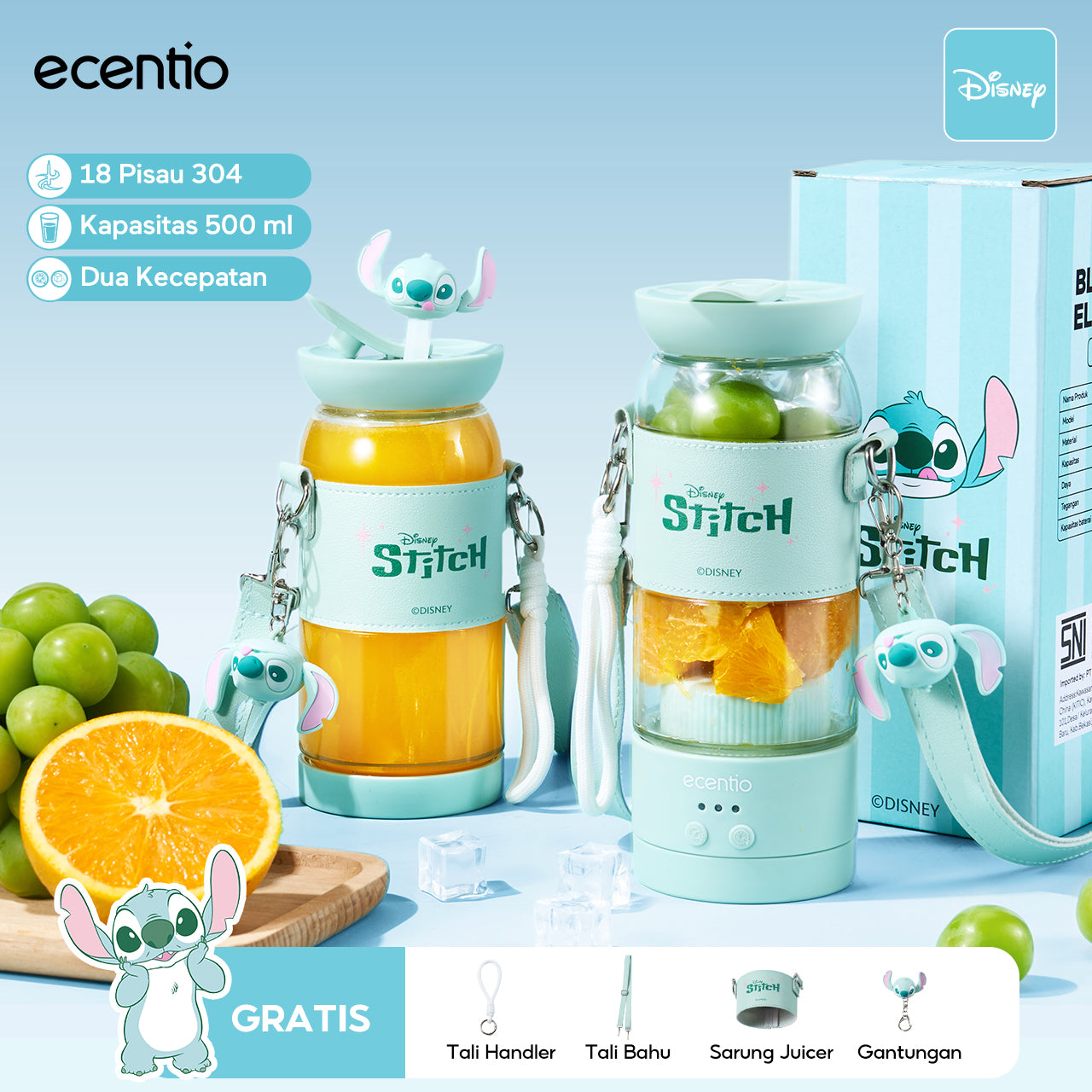 【Disney juicer Series】ecentio juicer blender 18 Pisau 304 juicer Kaca 500ml Dua Kecepatan mini dengan Tali Sling portable dengan sedotan