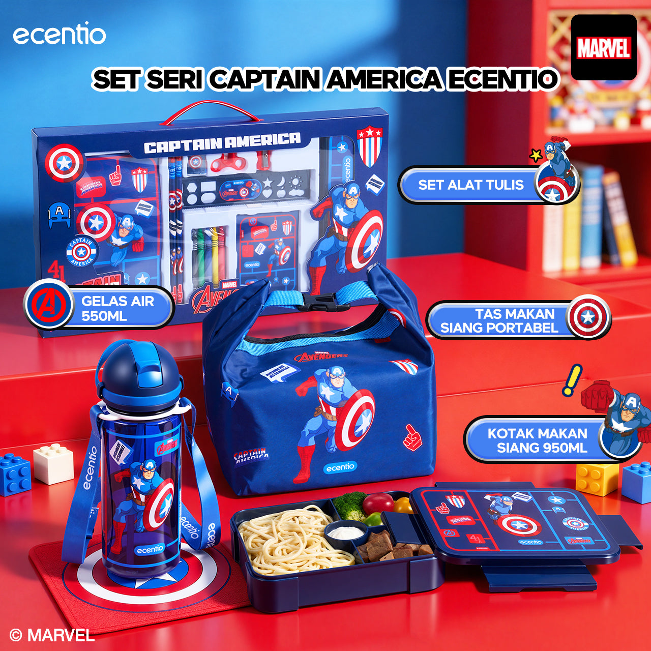 ecentio Captain America Lunch Box Anak Set Botol Minum Kotak Makan Anak Anti Bocor Anti Tumpah Tempat Bekal Anak Sekolah BPA Free Tas Bekal Kotak Bekal Sekolah Perlengkapan Sekolah