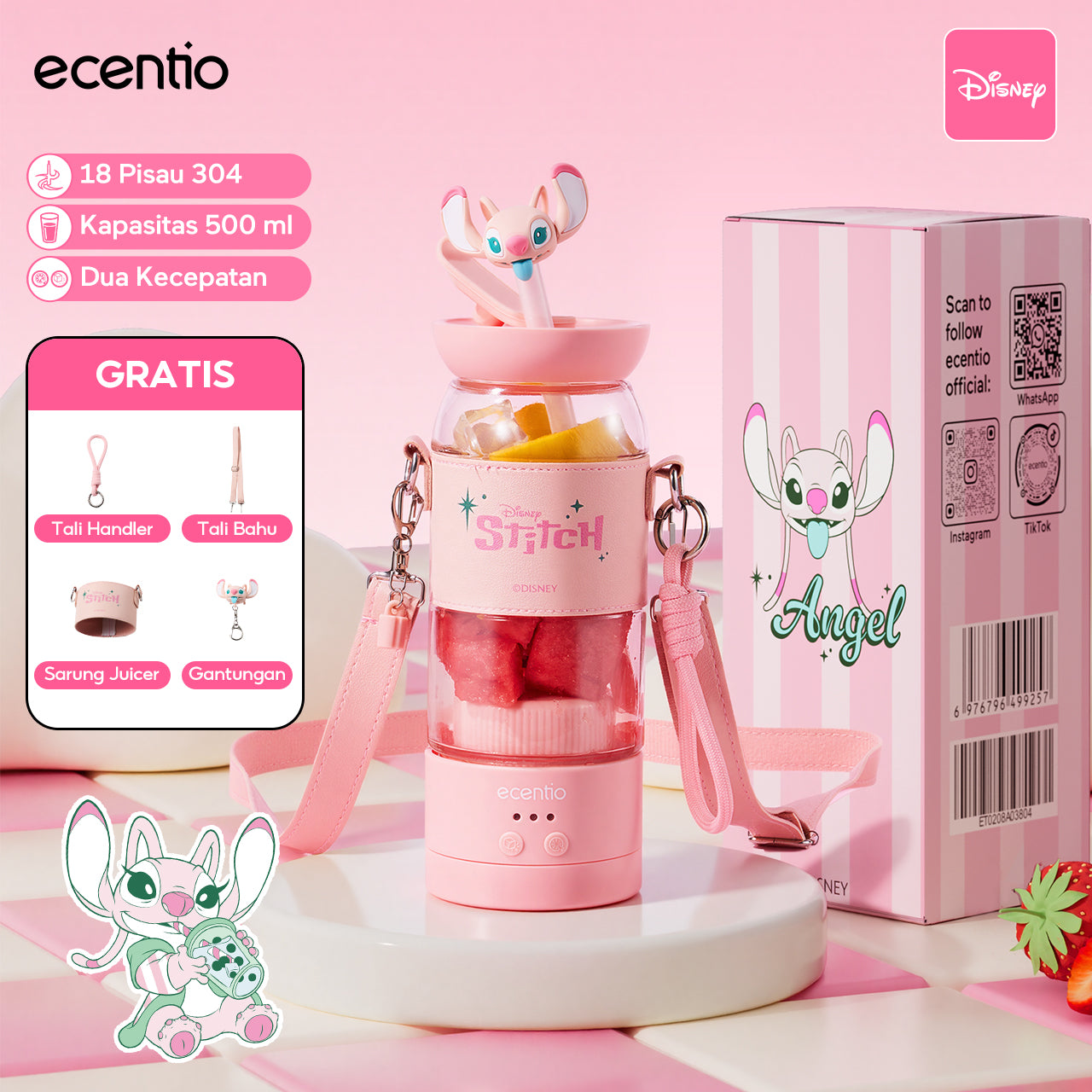 【Disney juicer Series】ecentio juicer blender 18 Pisau 304 juicer Kaca 500ml Dua Kecepatan mini dengan Tali Sling portable dengan sedotan