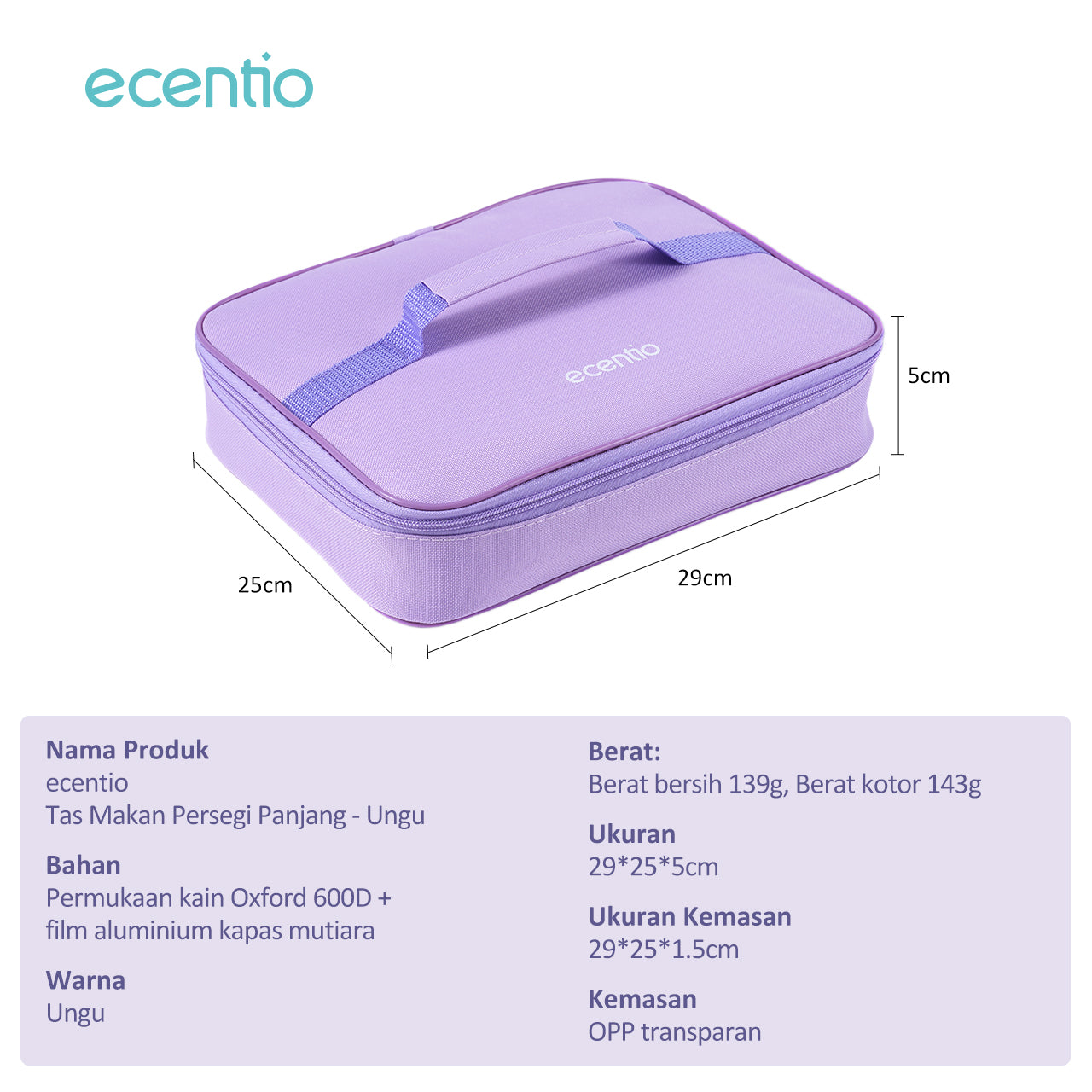 ecentio Rectangular lunch bag Tasmakan genggam kapasitas besar Ungu