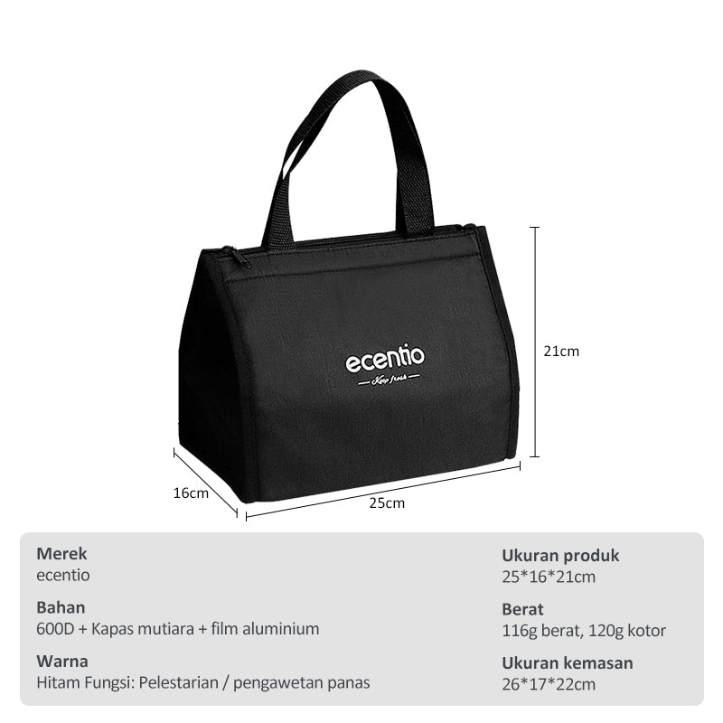ecentio lunch bag tas tote alumunium foil kecil hitam/ tas makan siang portabel - ecentio