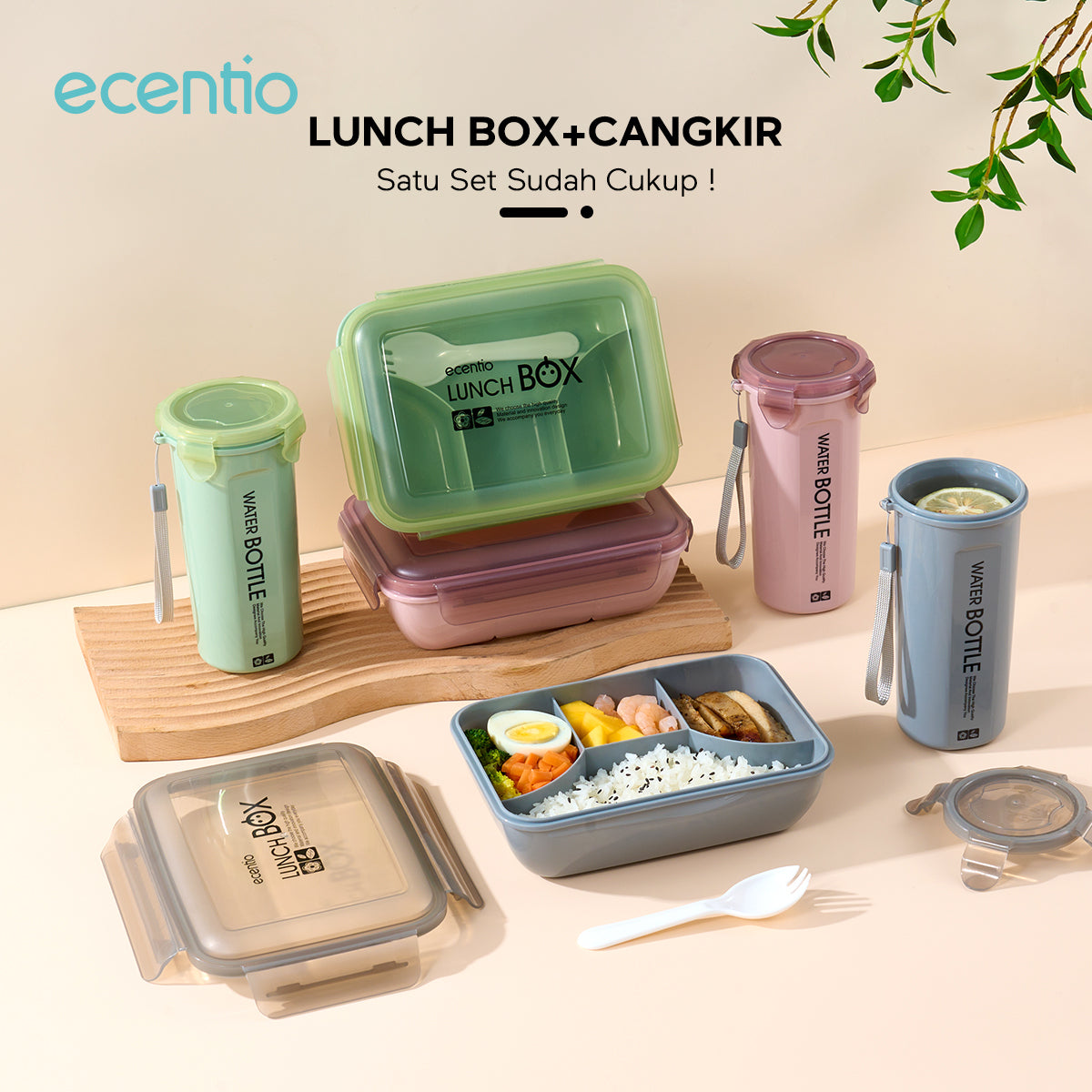 ecentio lunch box set kotak makan 2 Sekat/botol minum/tas bekal cooler bag