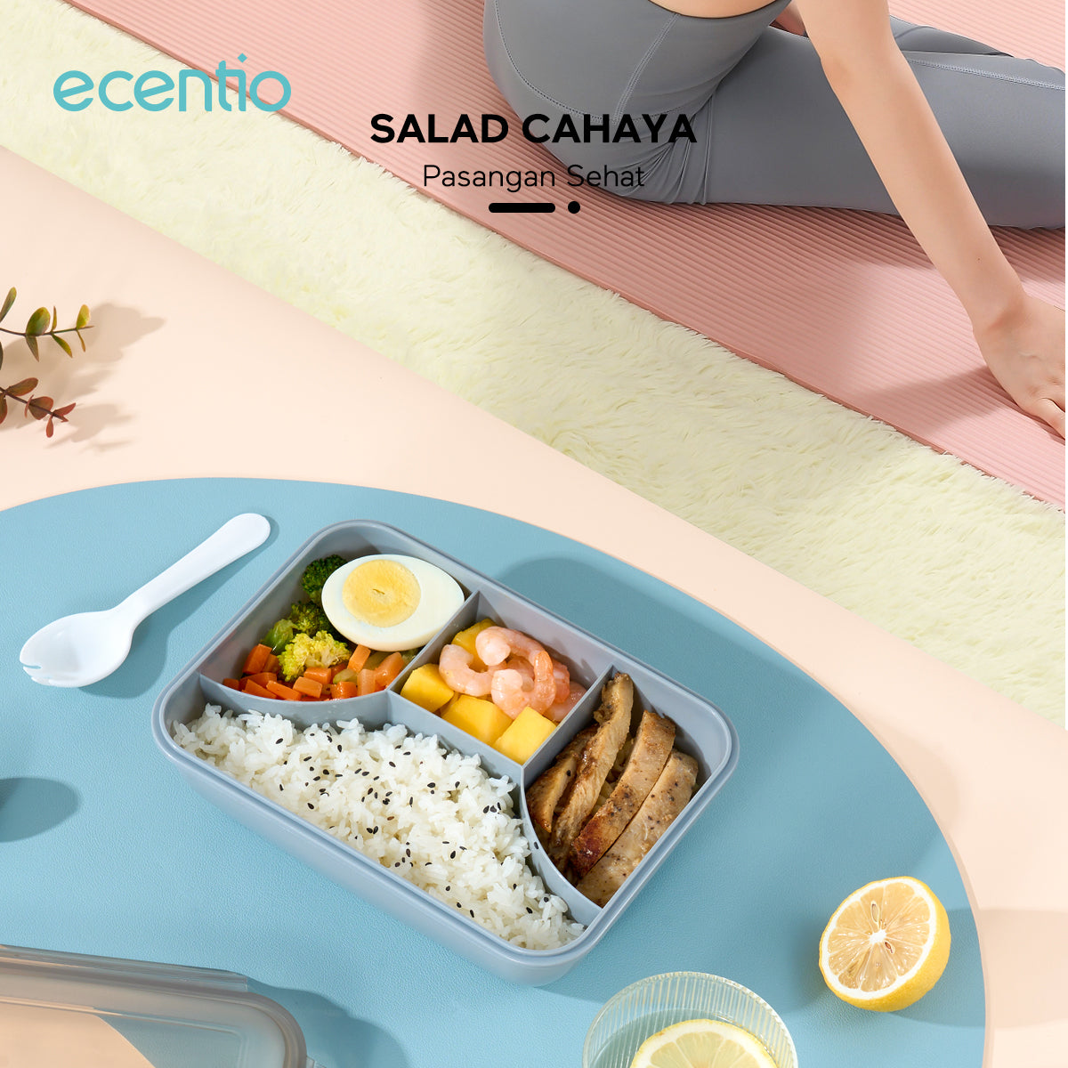 ecentio lunch box set kotak makan 2 Sekat/botol minum/tas bekal cooler bag