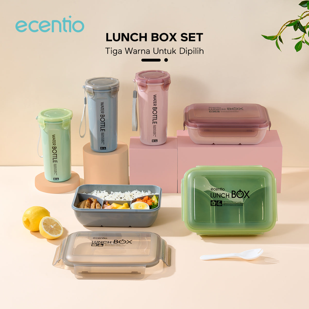 ecentio lunch box set kotak makan 2 Sekat/botol minum/tas bekal cooler bag
