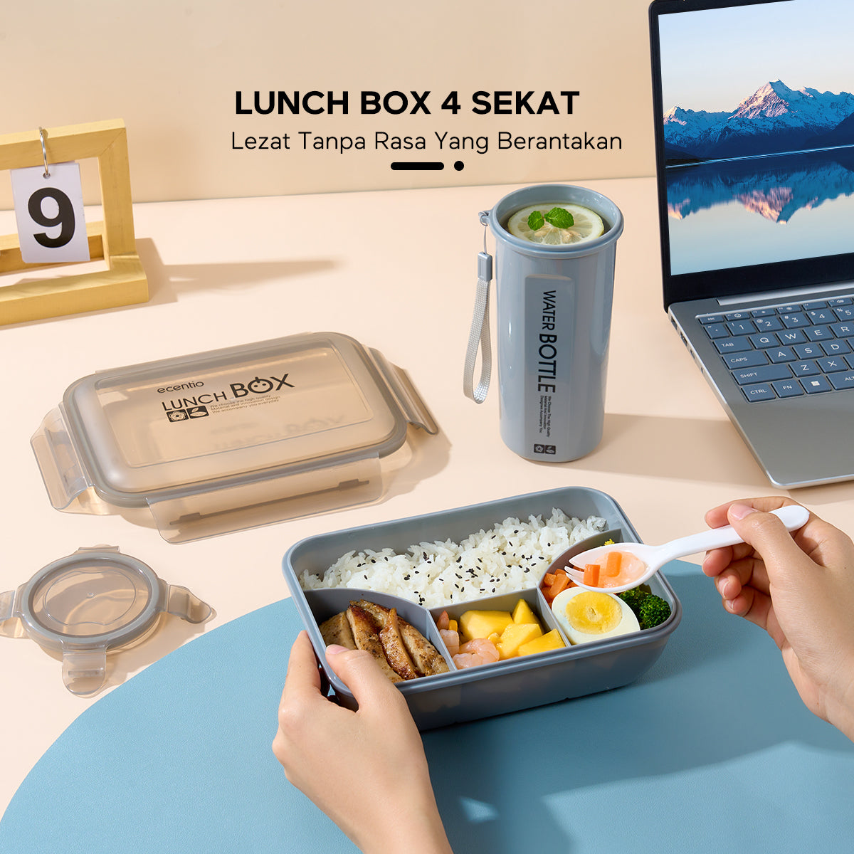 ecentio lunch box set kotak makan 2 Sekat/botol minum/tas bekal cooler bag
