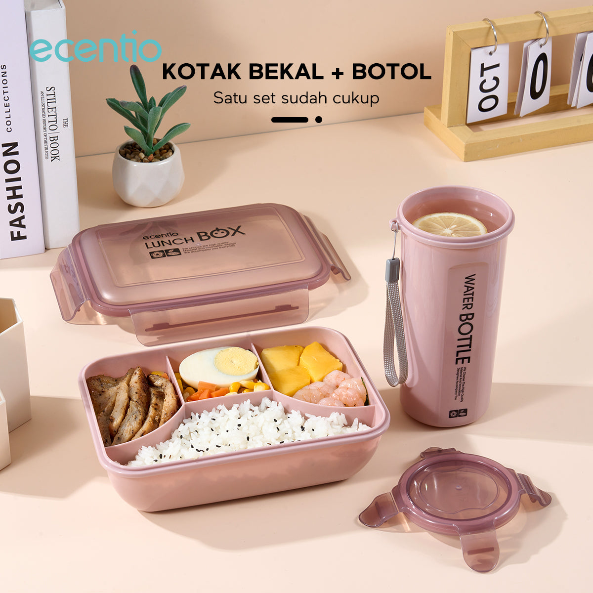 ecentio lunch box set kotak makan 2 Sekat/botol minum/tas bekal cooler bag