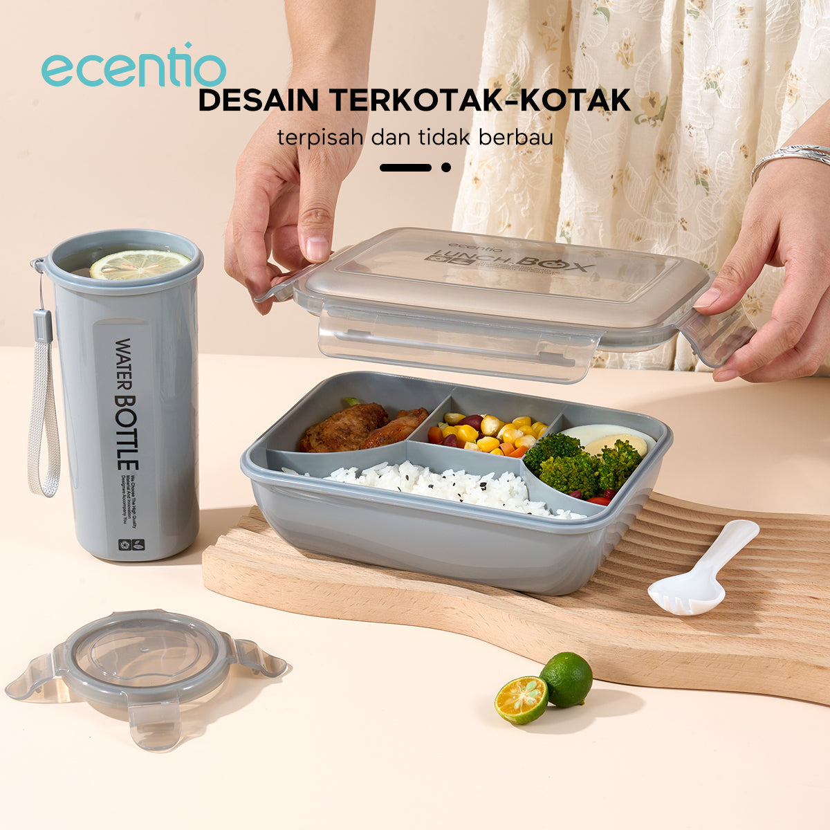 ecentio lunch box set kotak makan 2 Sekat/botol minum/tas bekal cooler bag