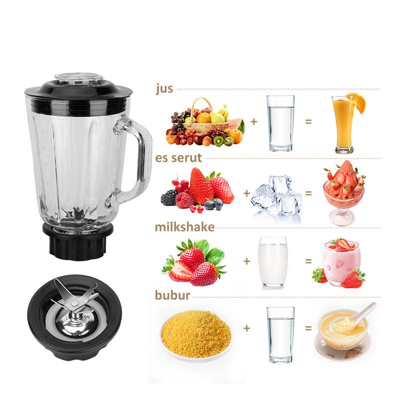ecentio Blender Kaca 2 in 1 chopper juicer Dan 300ml Penggiling Daging 6 Pisau Juicer Elektrik cangkir ganda serbaguna Blander 1.5L
