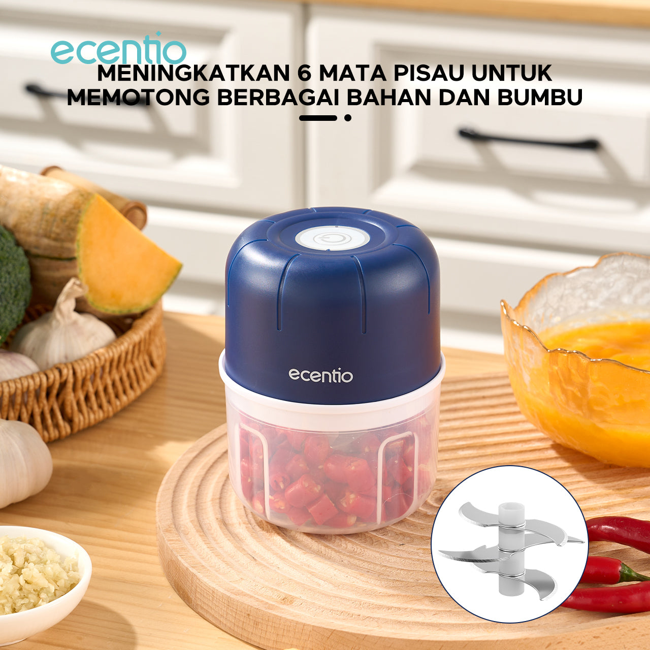 ecentio Mini Chopper Blender 6 pisau 250ml Portable Penggiling Bumbu Dapur Portable Penumbuk bawang biru gelap