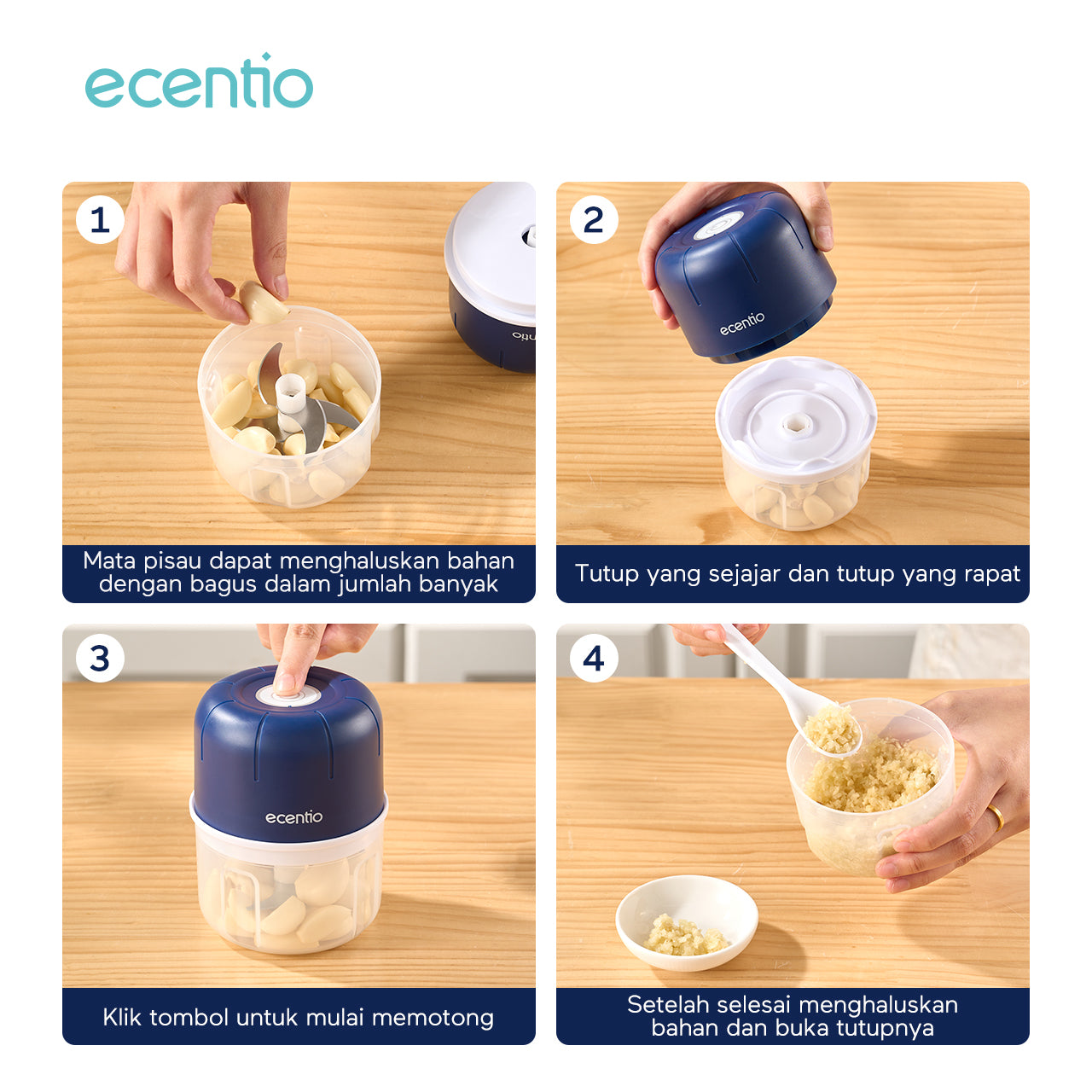 ecentio Mini Chopper Blender 6 pisau 250ml Portable Penggiling Bumbu Dapur Portable Penumbuk bawang biru gelap