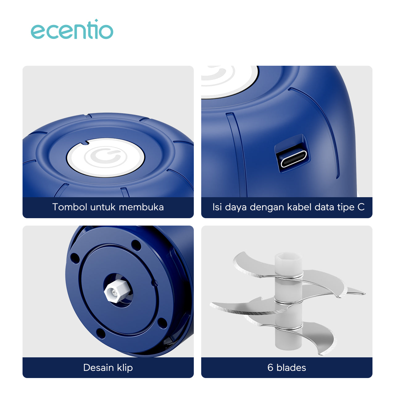 ecentio Mini Chopper Blender 6 pisau 250ml Portable Penggiling Bumbu Dapur Portable Penumbuk bawang biru gelap