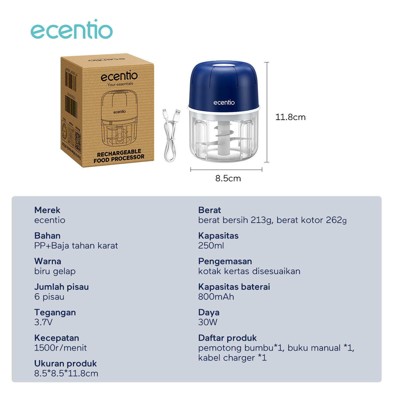 ecentio Mini Chopper Blender 6 pisau 250ml Portable Penggiling Bumbu Dapur Portable Penumbuk bawang biru gelap