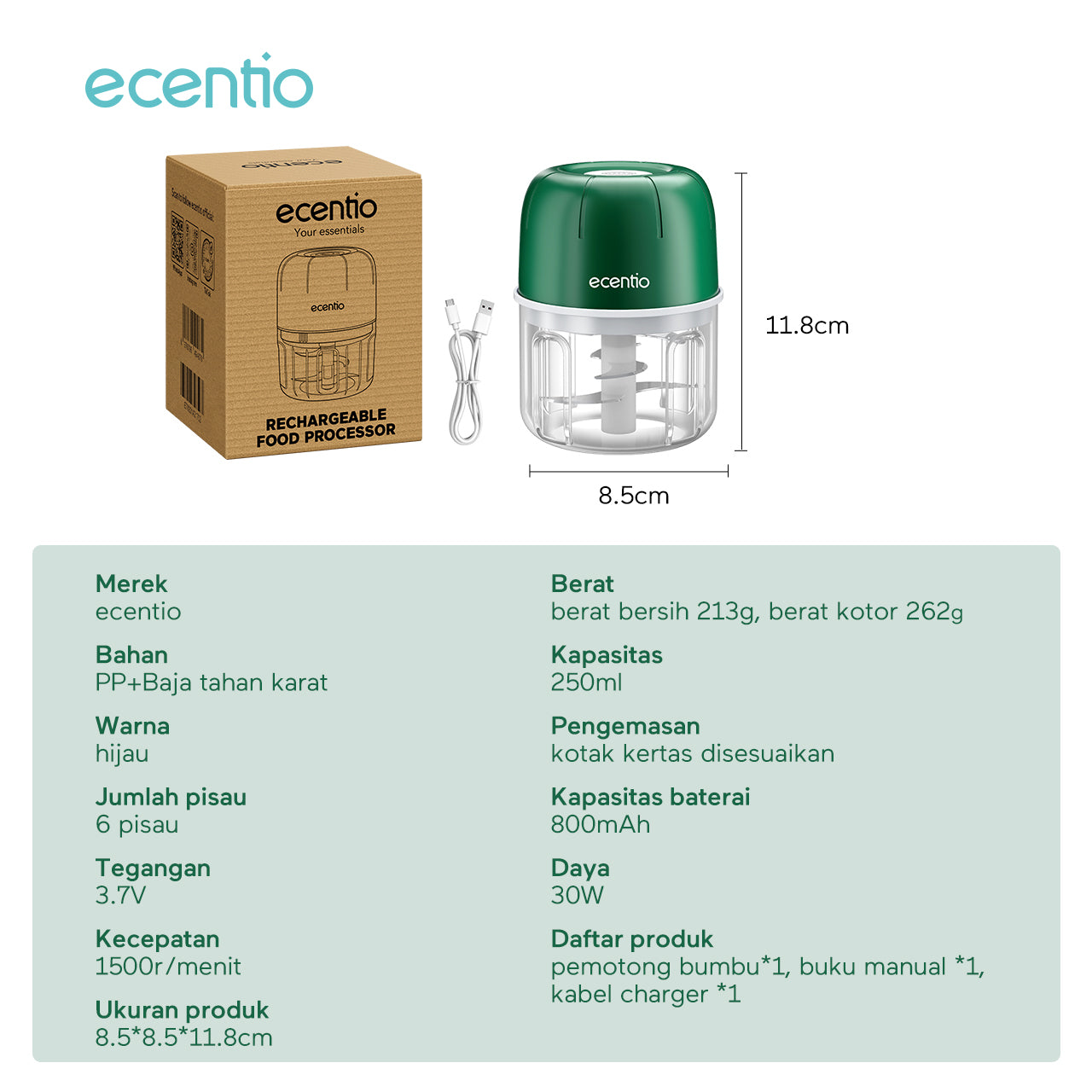 【Ready stock】ecentio Mini Chopper 6 pisau 250ml kapsul coper Mixer blender bumbu portable