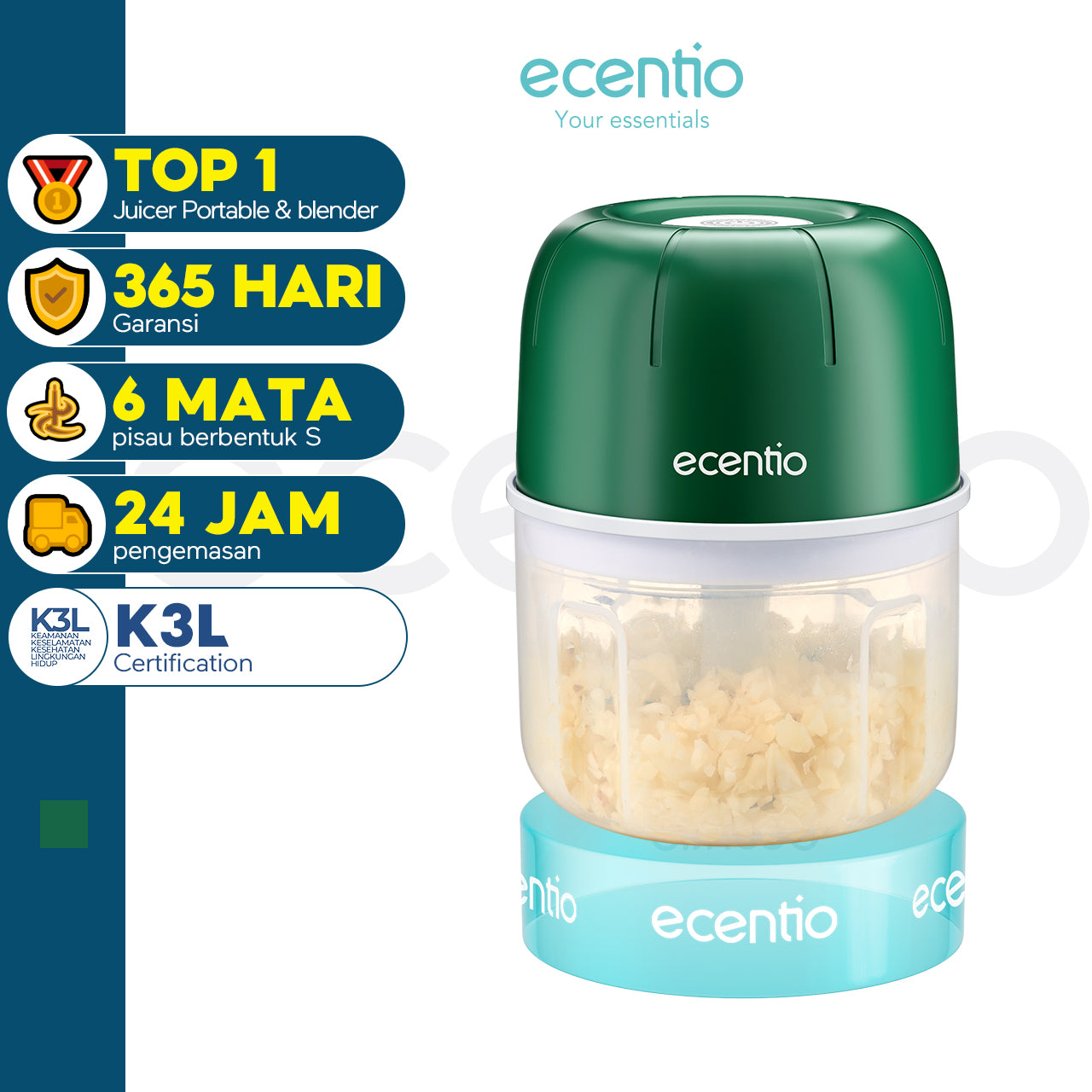 【Ready stock】ecentio Mini Chopper 6 pisau 250ml kapsul coper Mixer blender bumbu portable