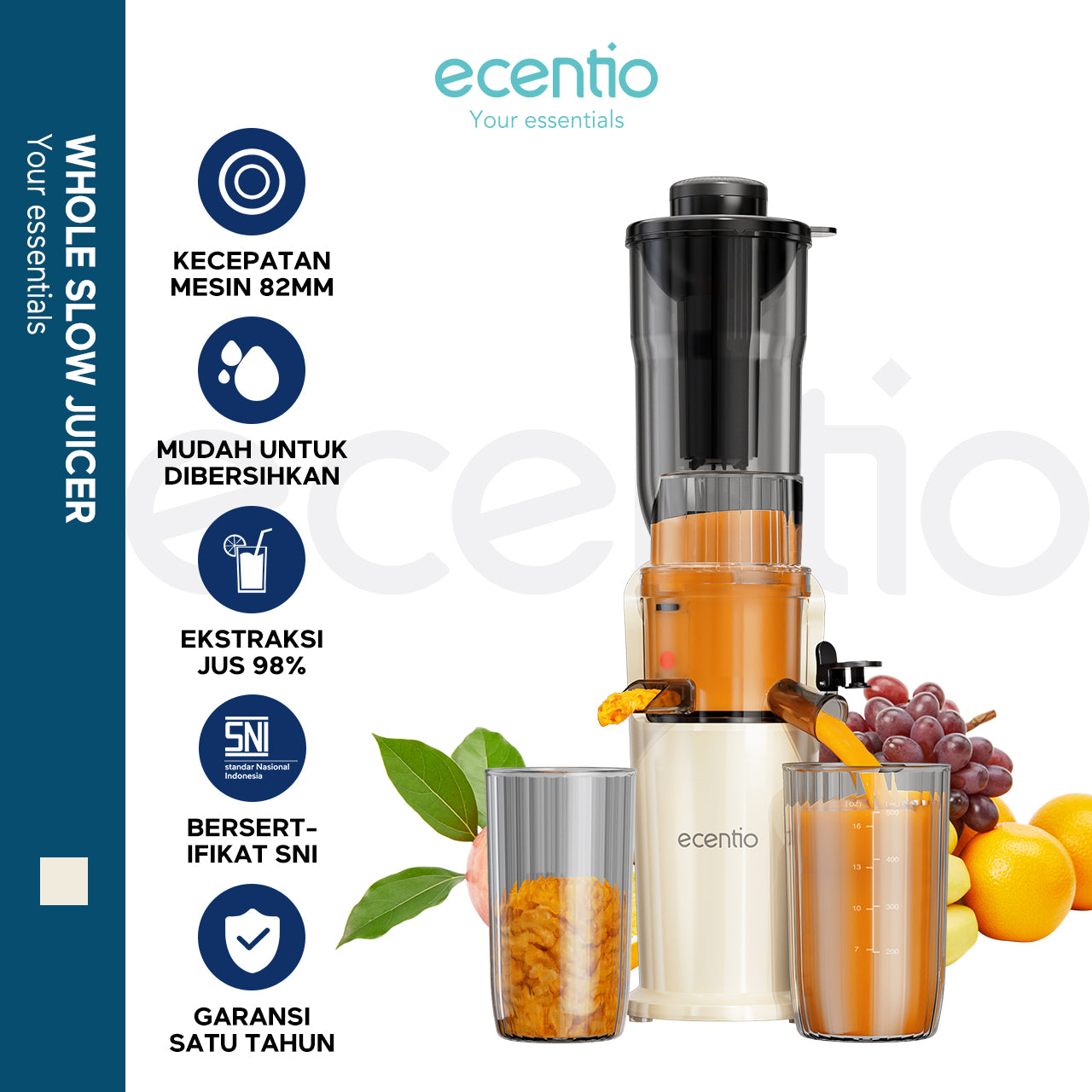 【Group discount】ecentio slow juicer putih baru tanpa ampas corong lebar 82mm 550ML+600ML blender buah 150W