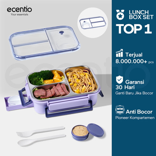 【2.0 Anti Tumpah】ecentio Lunch Box Stainless 3 Sekat 800ml – Warna Ungu Baru
