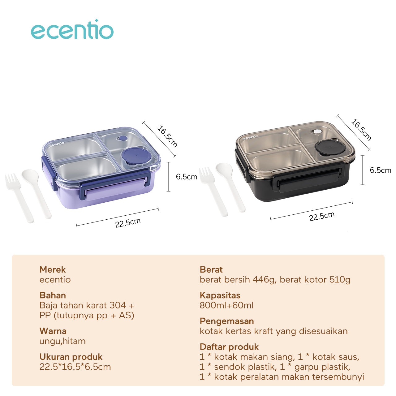 【2.0 Anti Tumpah】ecentio Lunch Box Stainless 3 Sekat 800ml – Warna Ungu Baru