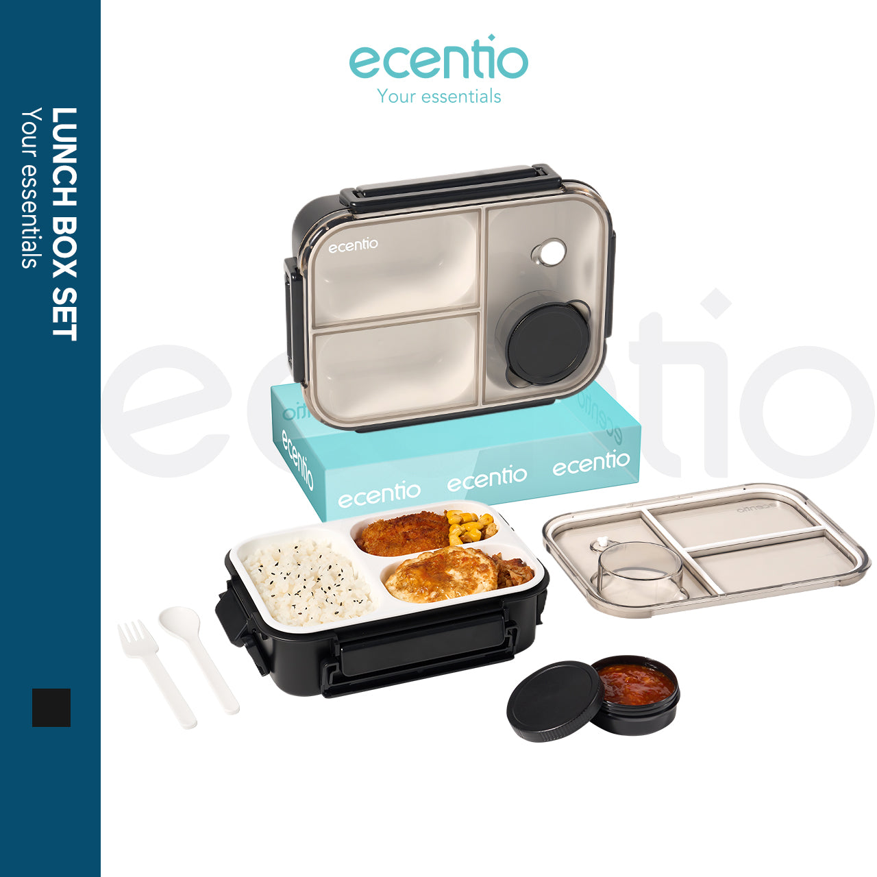 【2.0 anti tumpah】ecentio tempat makan 3 sekat 800ml free sendok kotak sauce BPA free lunch box