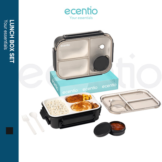 【2.0 anti tumpah】ecentio tempat makan 3 sekat 800ml free sendok kotak sauce BPA free lunch box