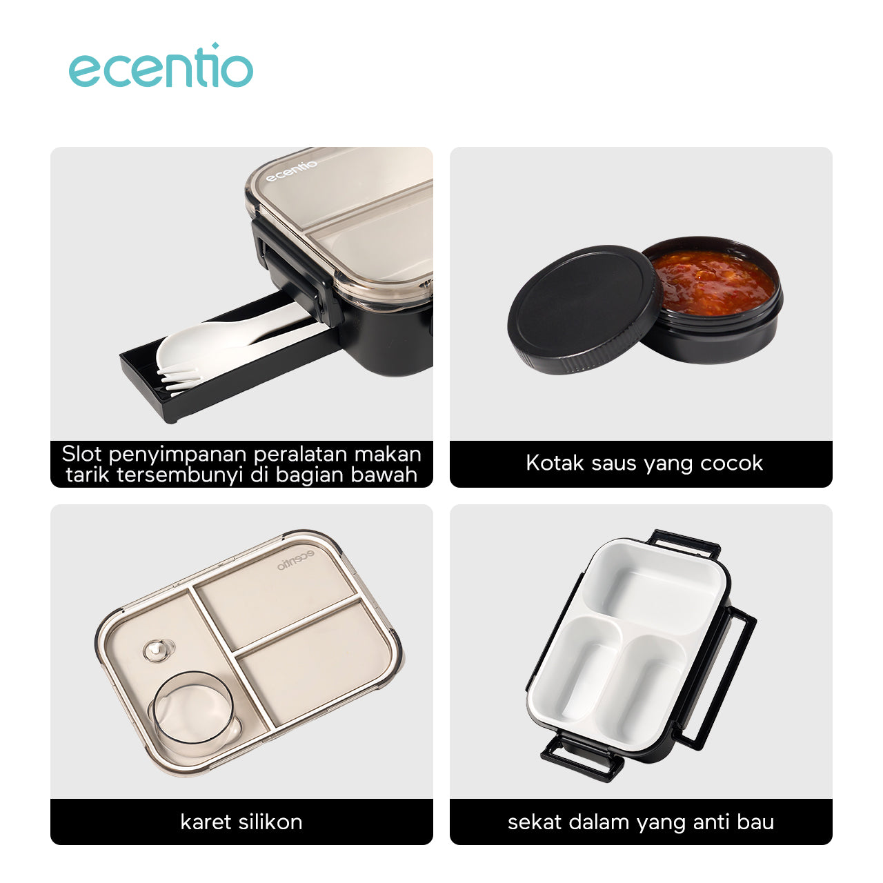 【2.0 anti tumpah】ecentio tempat makan 3 sekat 800ml free sendok kotak sauce BPA free lunch box