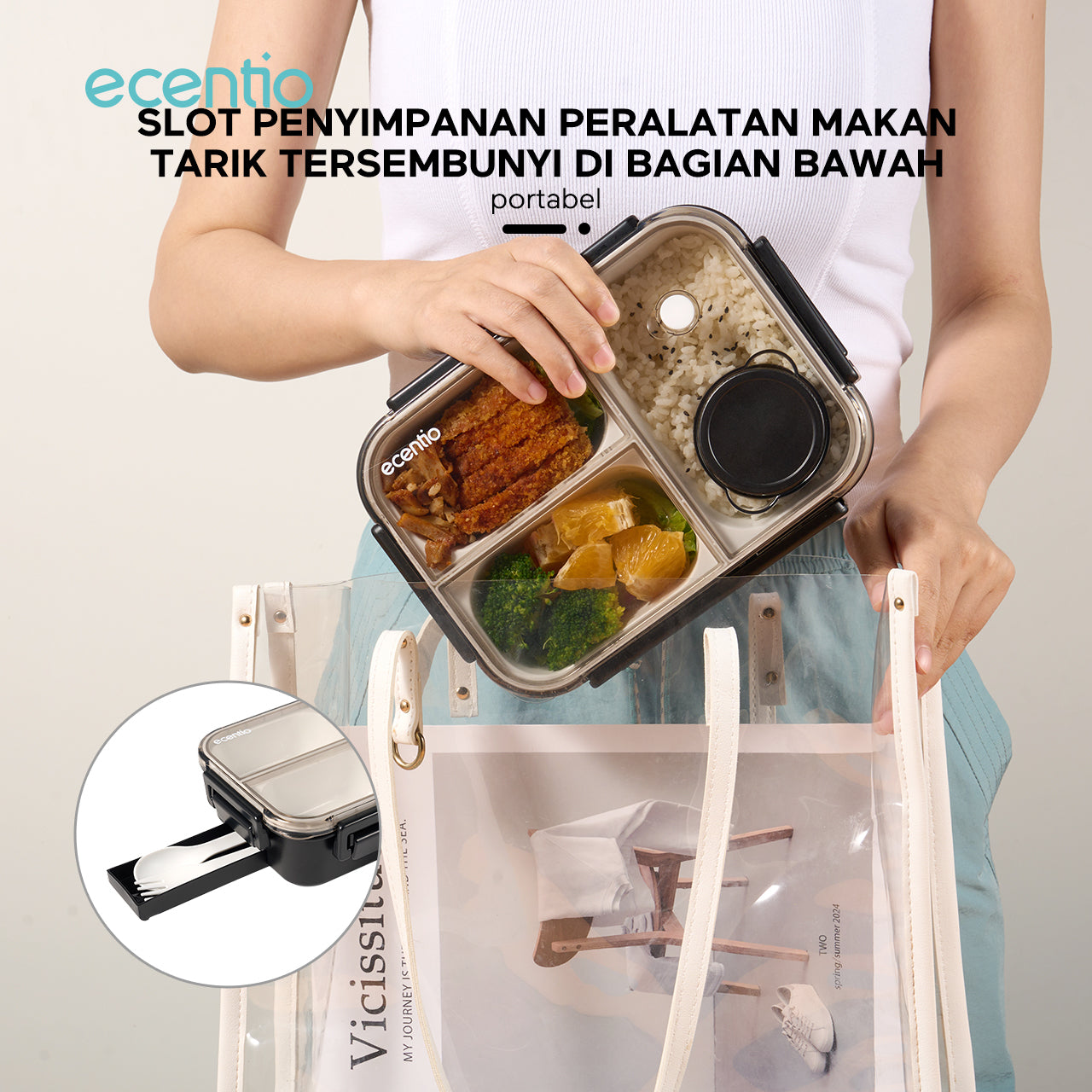 【2.0 anti tumpah】ecentio tempat makan 3 sekat 800ml free sendok kotak sauce BPA free lunch box