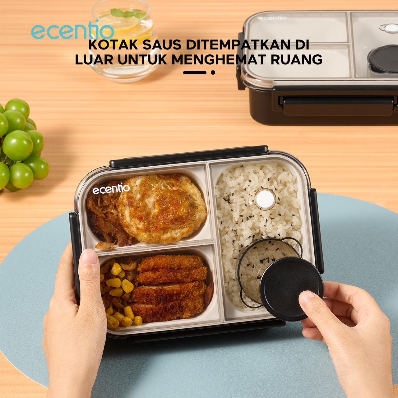 【2.0 anti tumpah】ecentio tempat makan 3 sekat 800ml free sendok kotak sauce BPA free lunch box