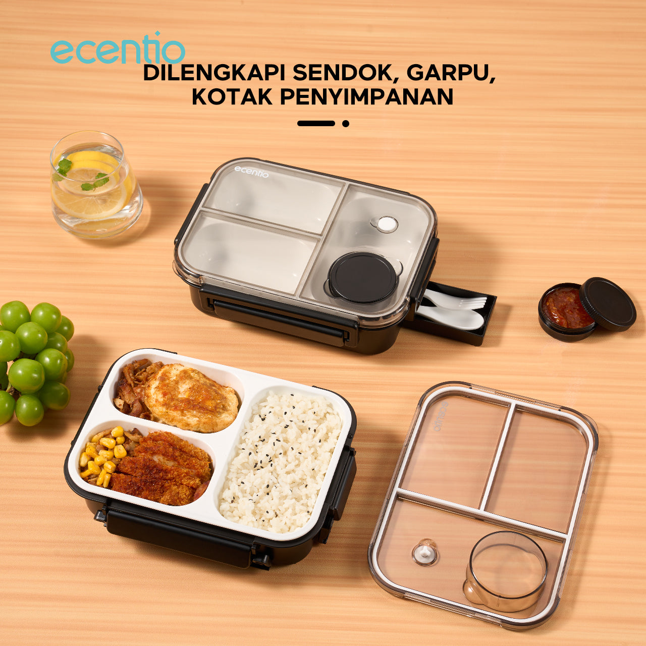 【2.0 anti tumpah】ecentio tempat makan 3 sekat 800ml free sendok kotak sauce BPA free lunch box