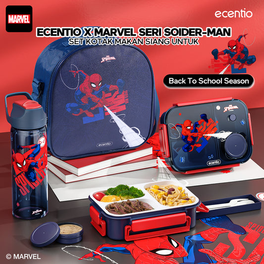 【Group discount】ecentio Kotak Makan 3 Ruang Spider-Man + Botol Minum Anti Tumpah BPA Free dengan Tas & Peralatan Makan 60ml