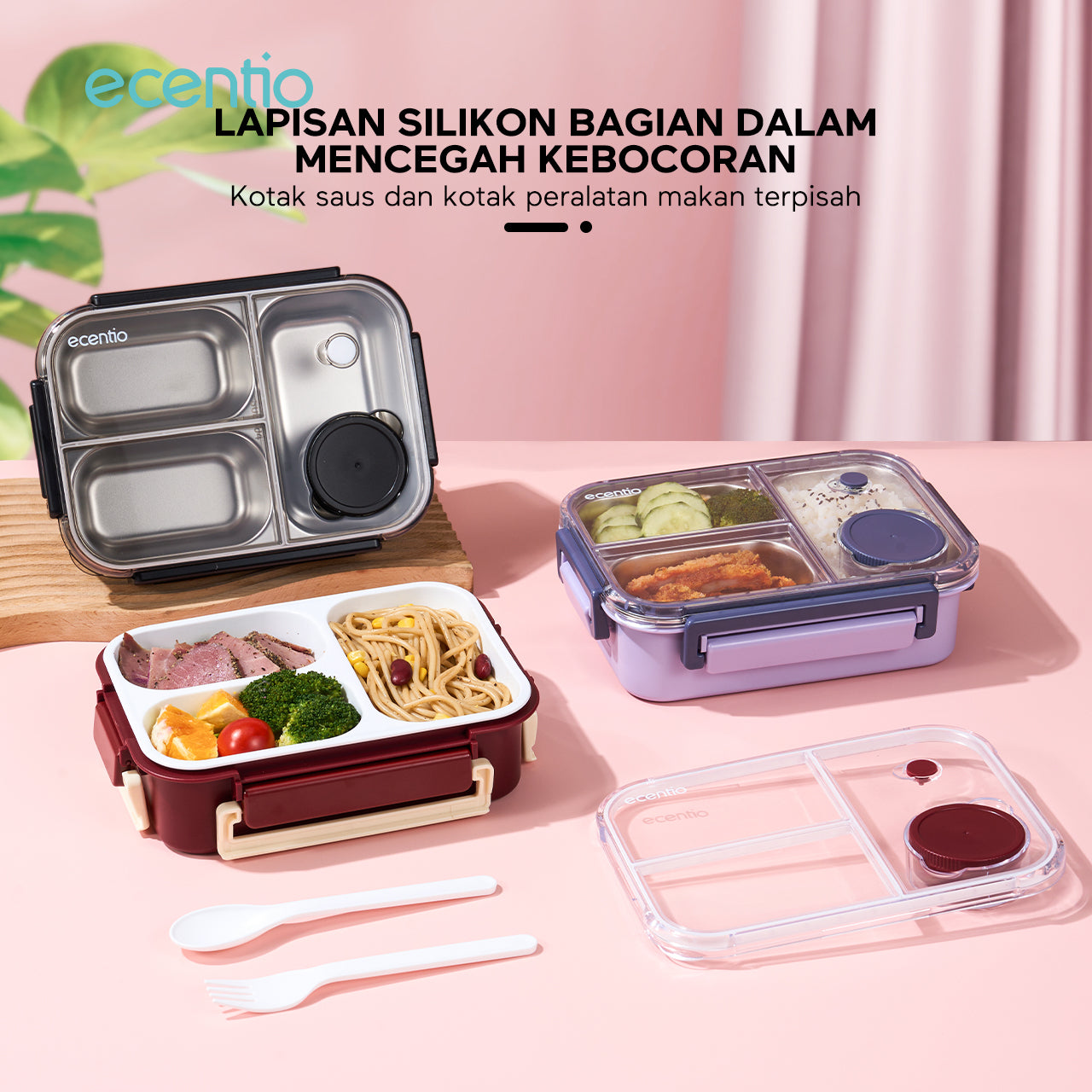 ecentio lining anti-smell plastic lunch box Desain tiga grid Sealing anti bocor kotak hidangan Merah 800ml