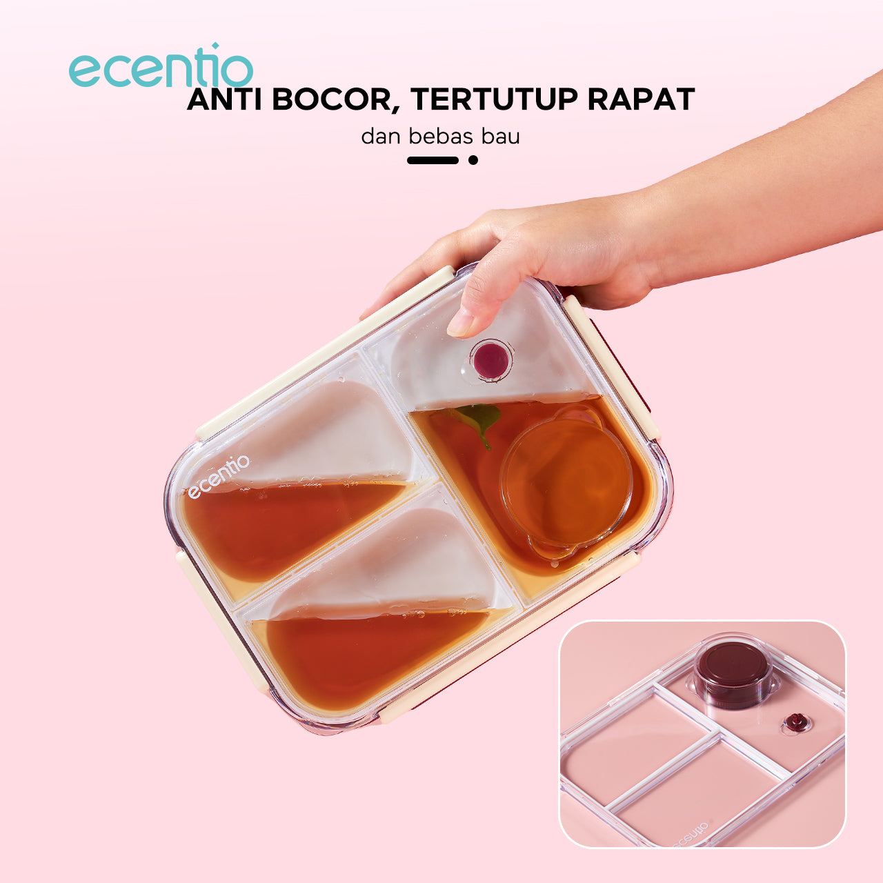 ecentio lining anti-smell plastic lunch box Desain tiga grid Sealing anti bocor kotak hidangan Merah 800ml
