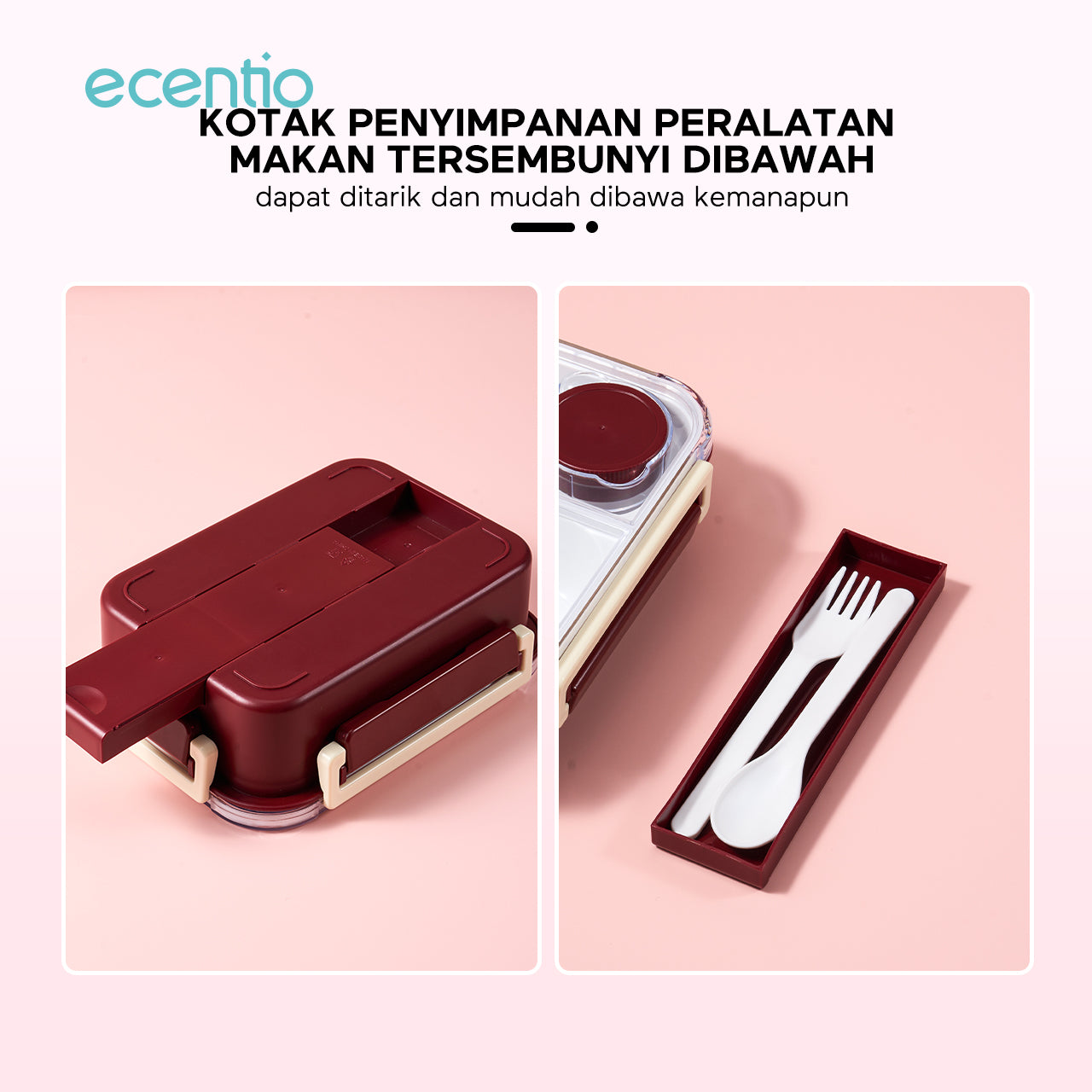 ecentio lining anti-smell plastic lunch box Desain tiga grid Sealing anti bocor kotak hidangan Merah 800ml