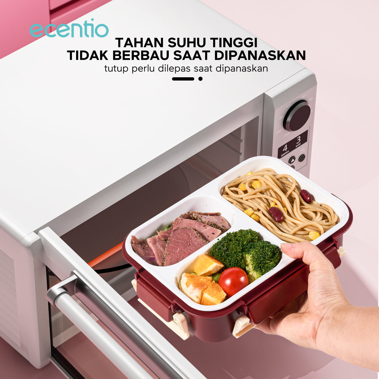 ecentio lining anti-smell plastic lunch box Desain tiga grid Sealing anti bocor kotak hidangan Merah 800ml