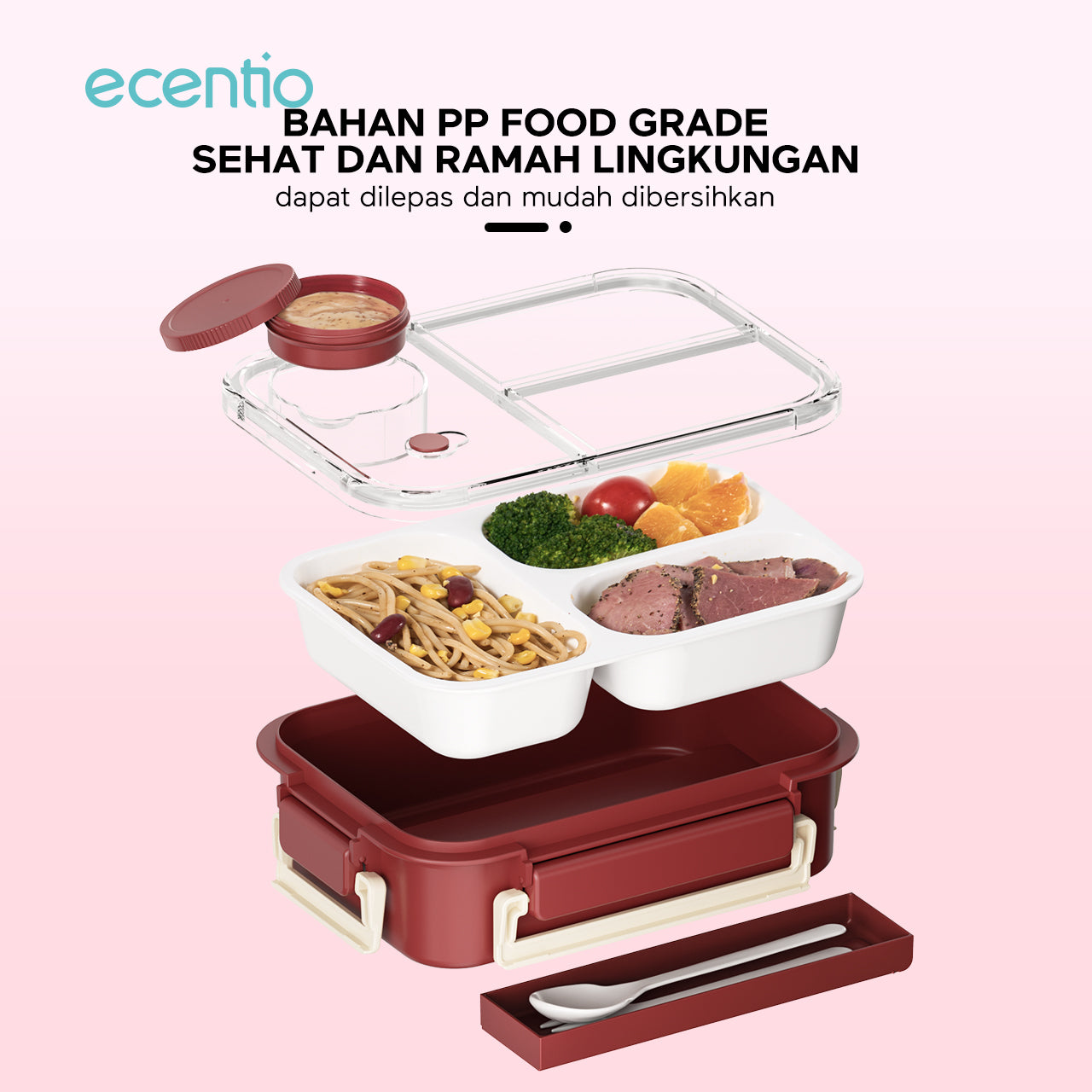 ecentio lining anti-smell plastic lunch box Desain tiga grid Sealing anti bocor kotak hidangan Merah 800ml