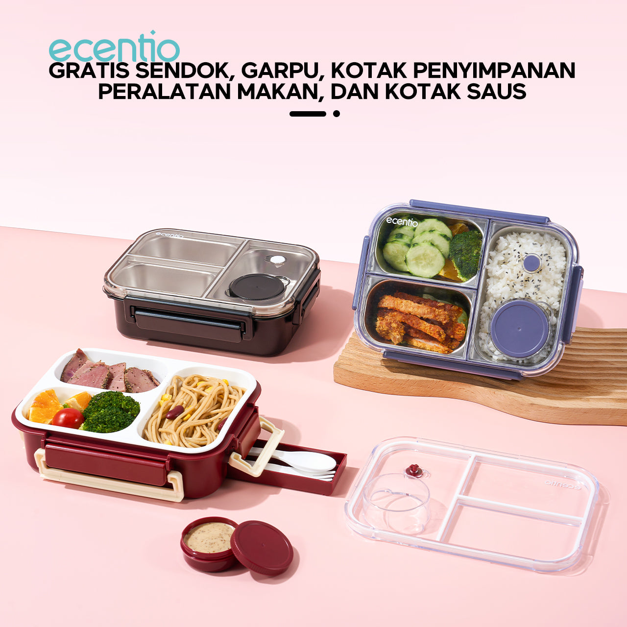 ecentio lining anti-smell plastic lunch box Desain tiga grid Sealing anti bocor kotak hidangan Merah 800ml