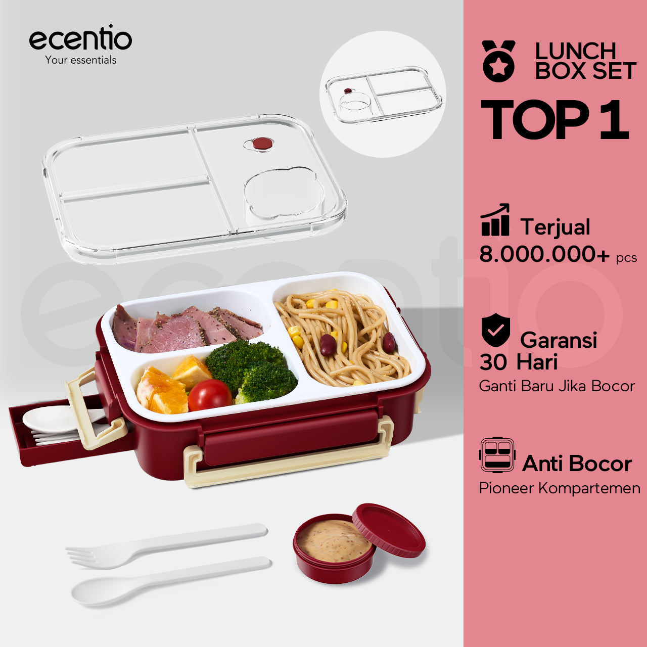 ecentio lining anti-smell plastic lunch box Desain tiga grid Sealing anti bocor kotak hidangan Merah 800ml